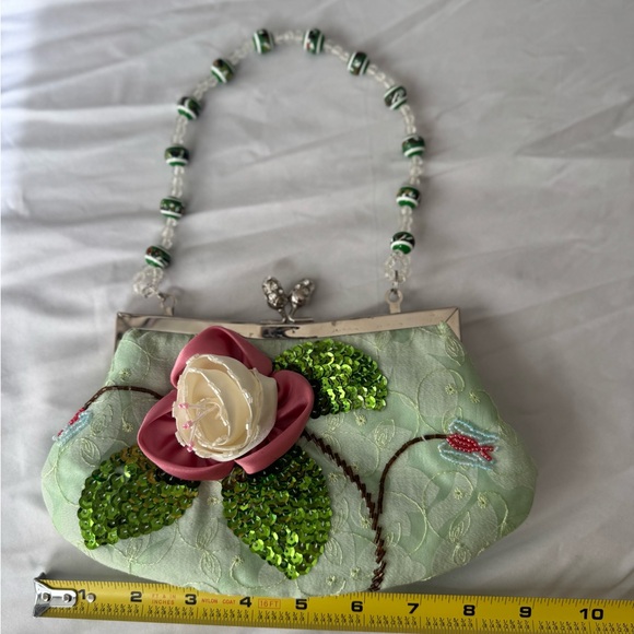 Vintage Beaded Floral Satin Purse – Mint Green Sequin Clutch Embellished - Picture 9 of 10
